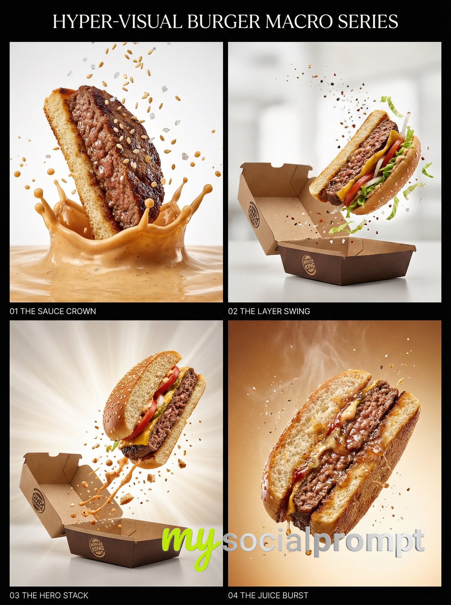 nanobanana prompt: Hyper-Visual Burger Macro Series with Cinematic Lighting