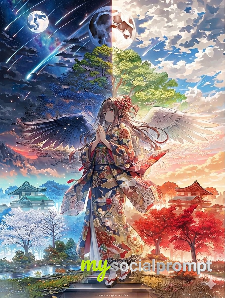 nanobanana prompt: Ethereal Angelic Figure in Duality Composition with Cinematic Lighting