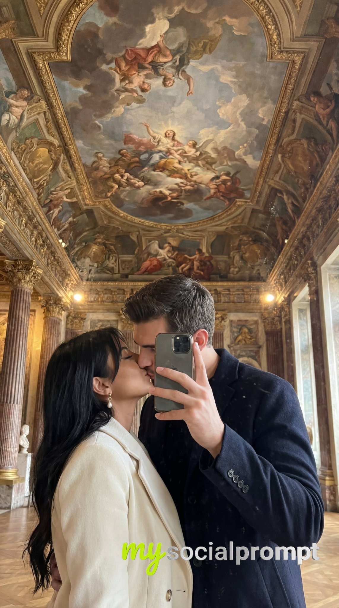 nanobanana prompt: Baroque Museum Mirror Kiss with Ceiling Fresco