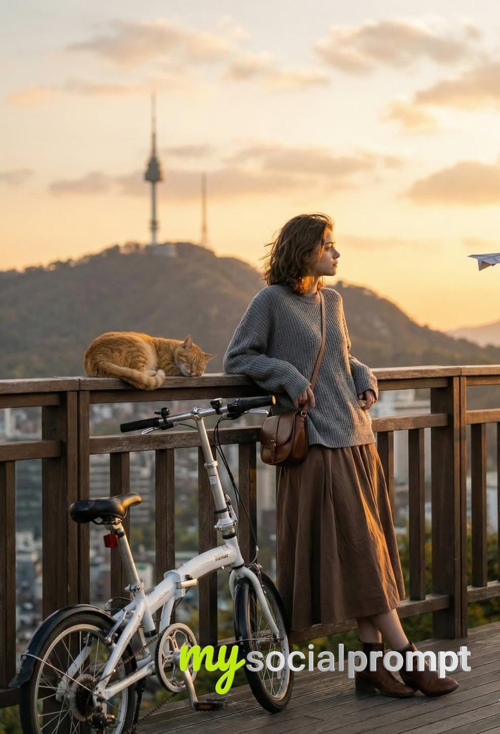 nanobanana prompt: Cinematic Golden-Hour Portrait with Urban Vista & Serene Details