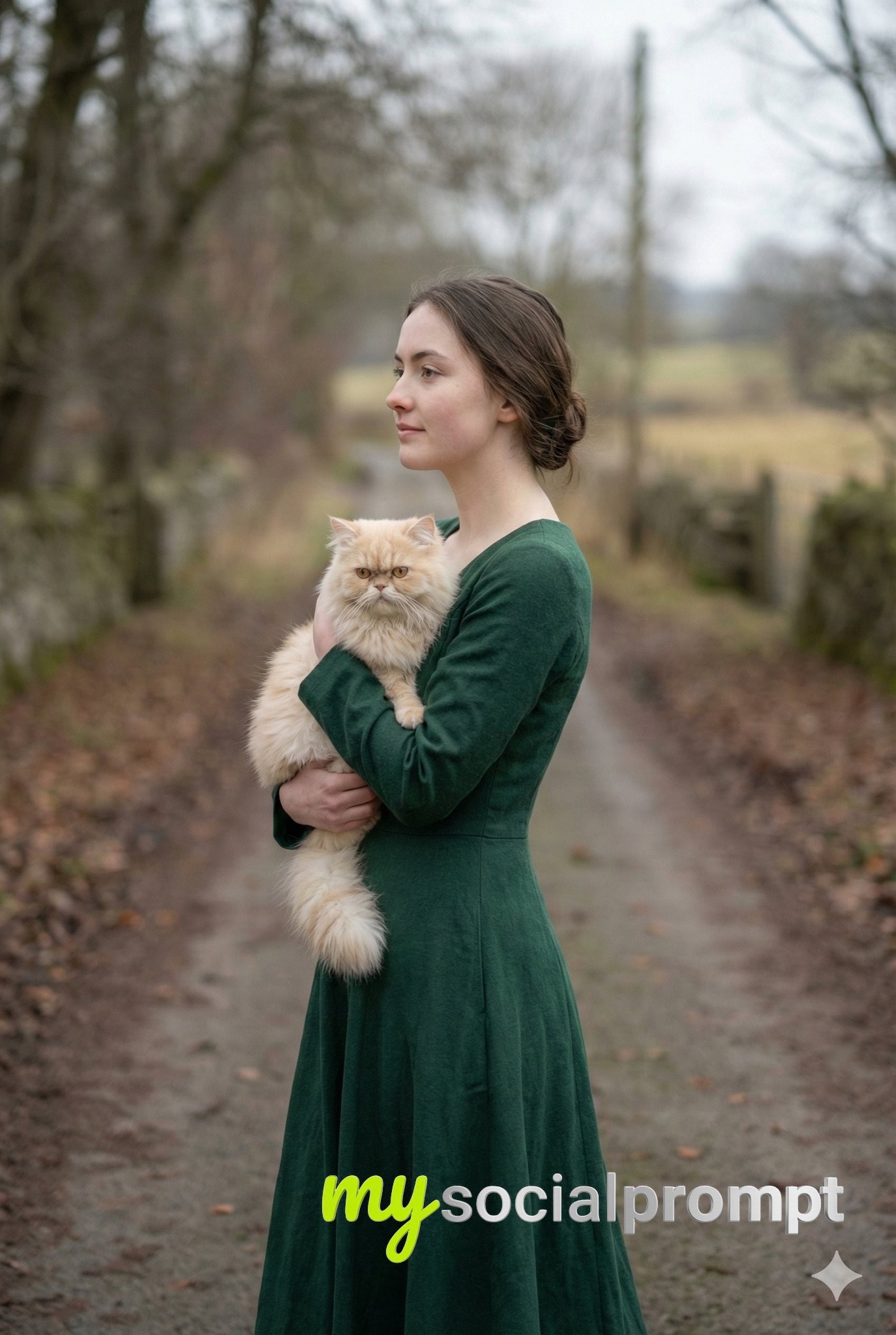 nanobanana prompt: Cinematic Portrait of a Young Woman with Persian Cat in Winter