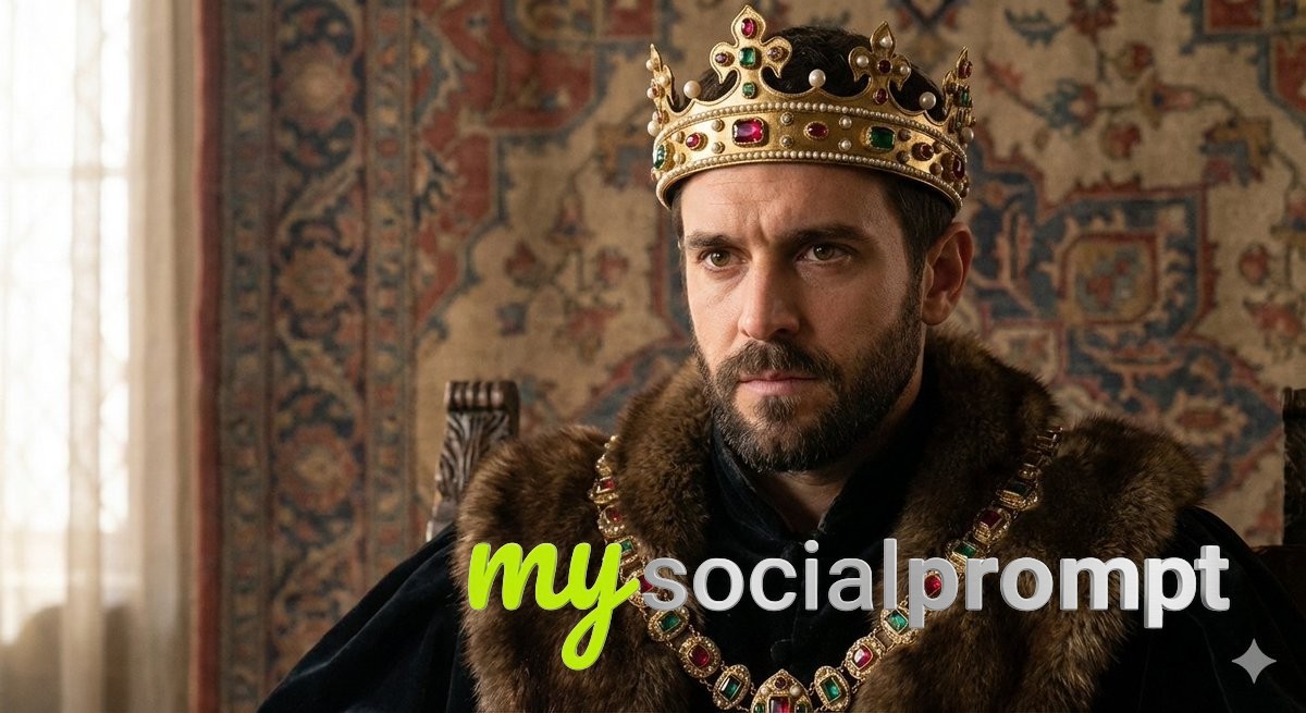 nanobanana prompt: Regal Majesty: Medieval Monarch Portrait with Golden Crown and Tapestry Background