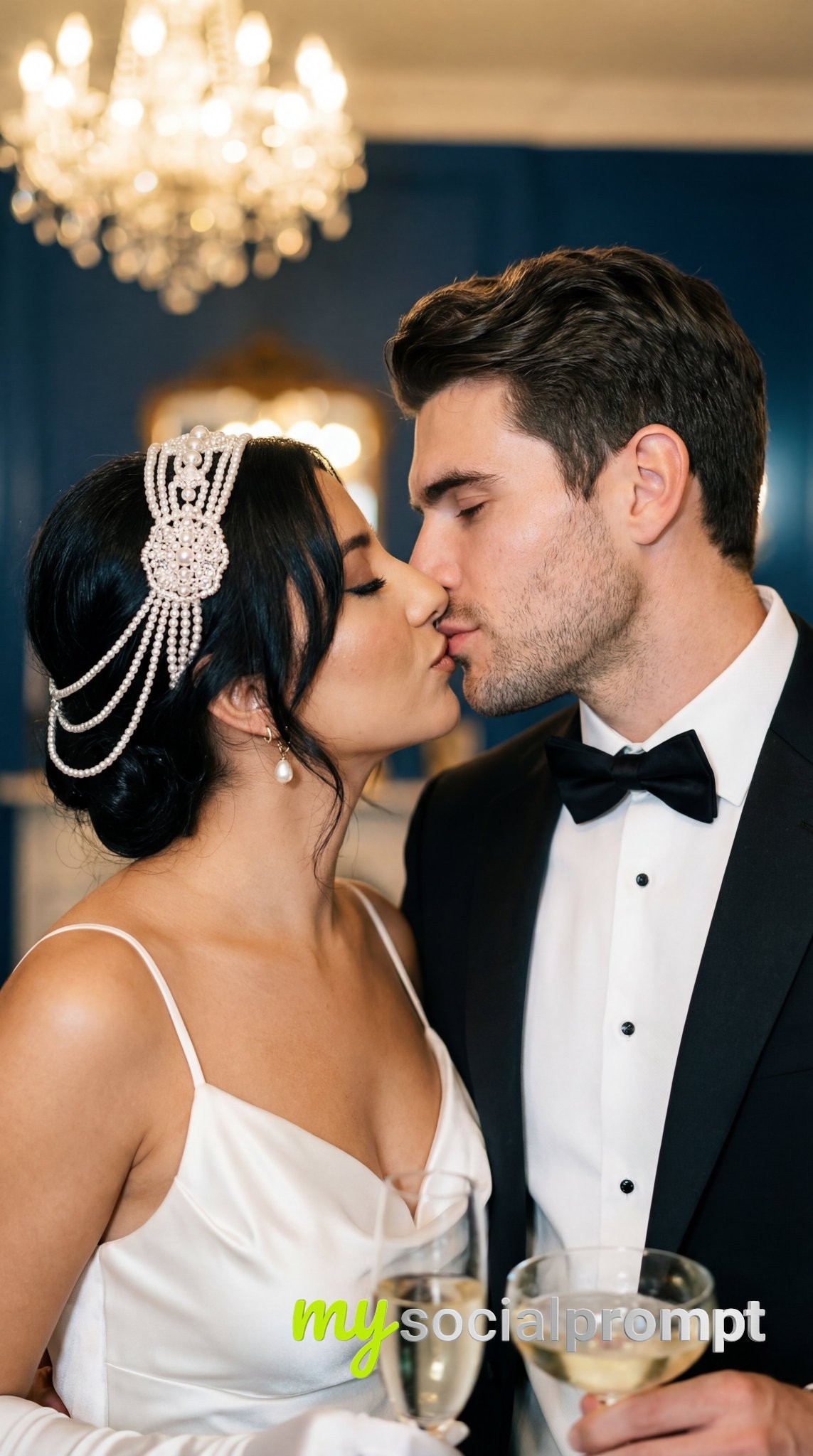nanobanana prompt: Cinematic Gatsby-Inspired Couple Portrait with Pearl Headpiece