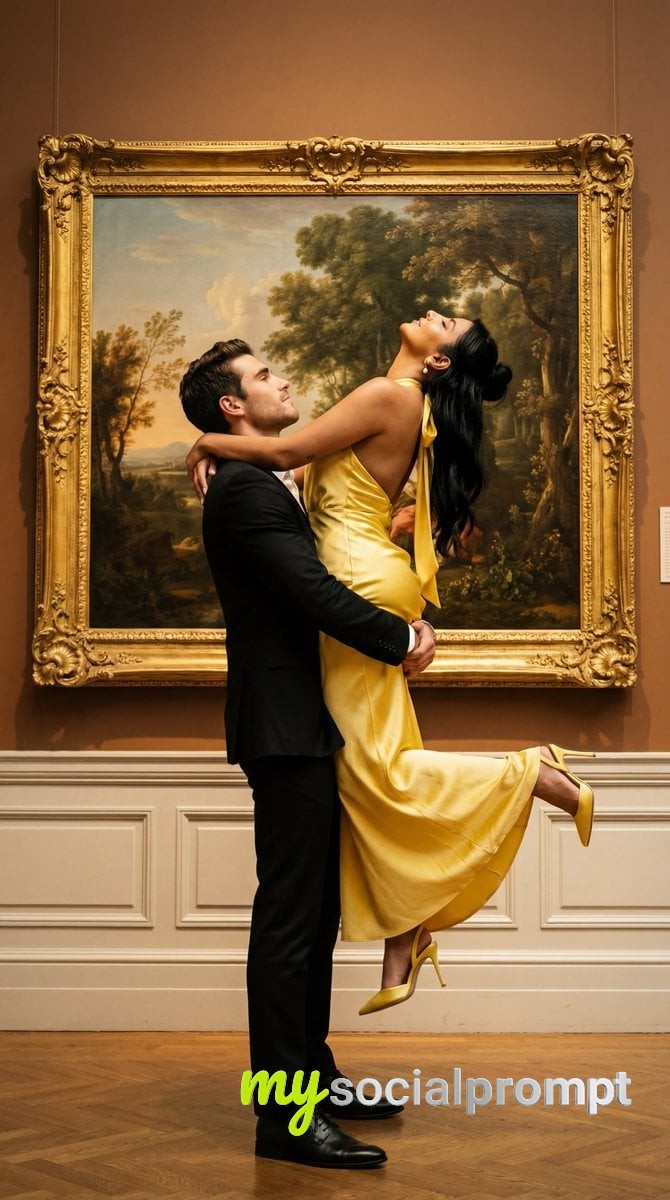 nanobanana prompt: Cinematic museum embrace: yellow satin halter gown, golden frame, romantic fine-art editorial