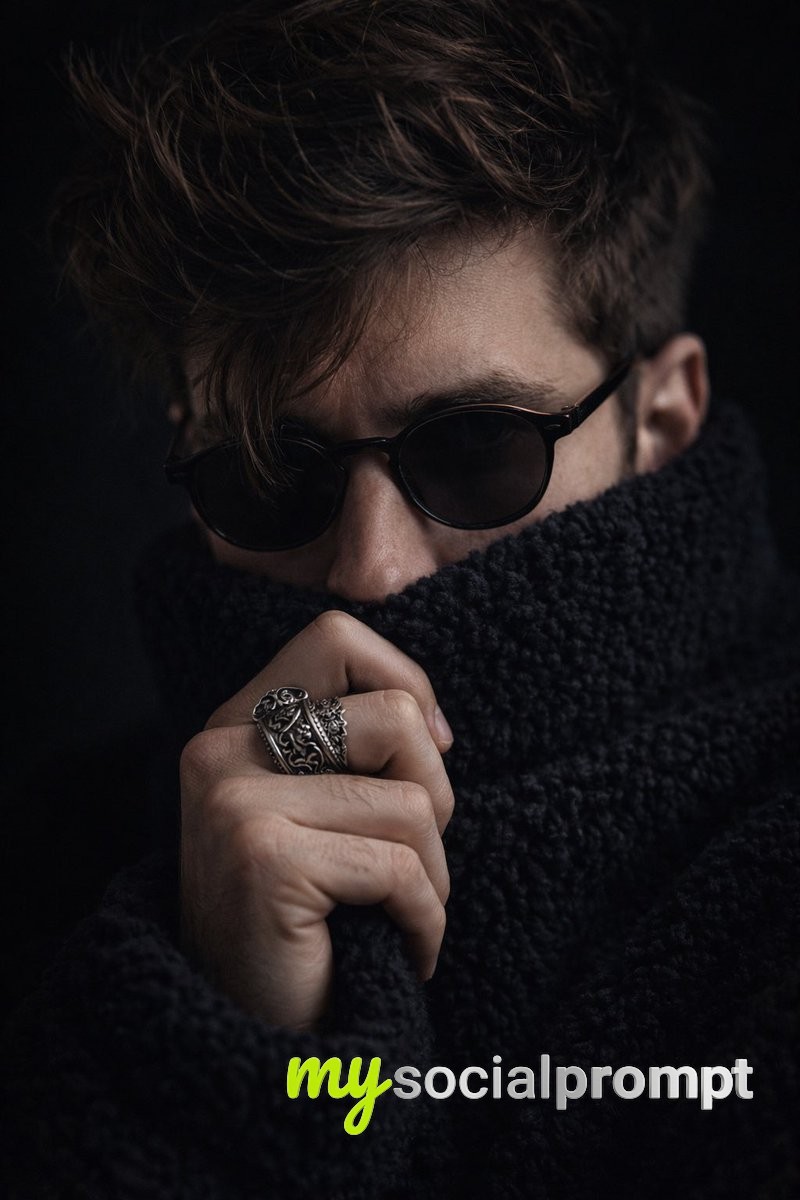 nanobanana prompt: Moody Cinematic Portrait with Low-Key Lighting and Textured Details