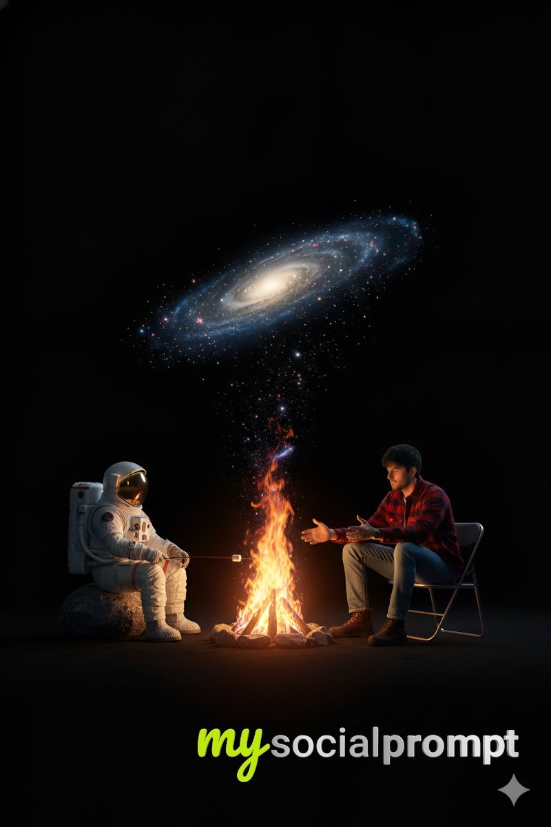 nanobanana prompt: Surreal Cosmic Campfire with Cinematic Lighting