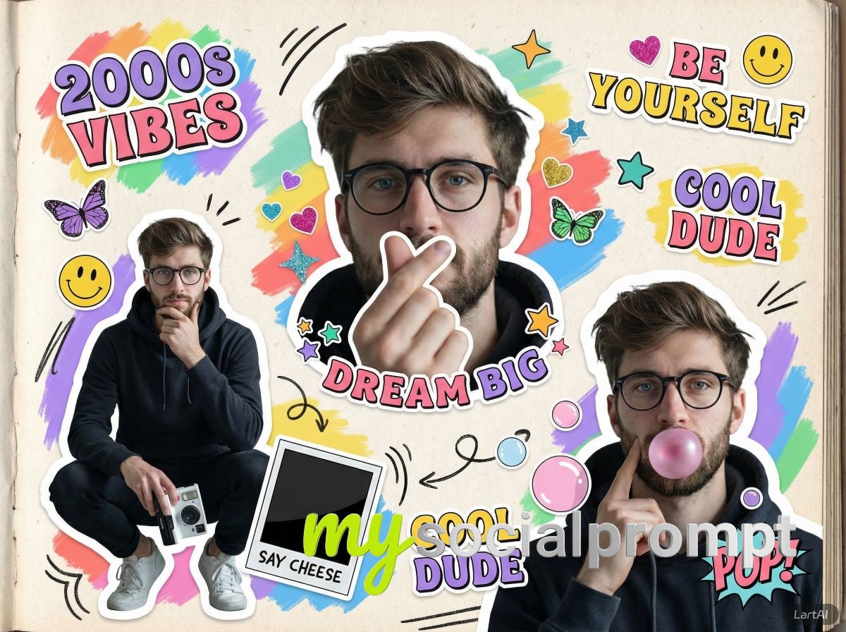 nanobanana prompt: 2000s Scrapbook Collage with Pop-Art Typography and Youthful Nostalgia