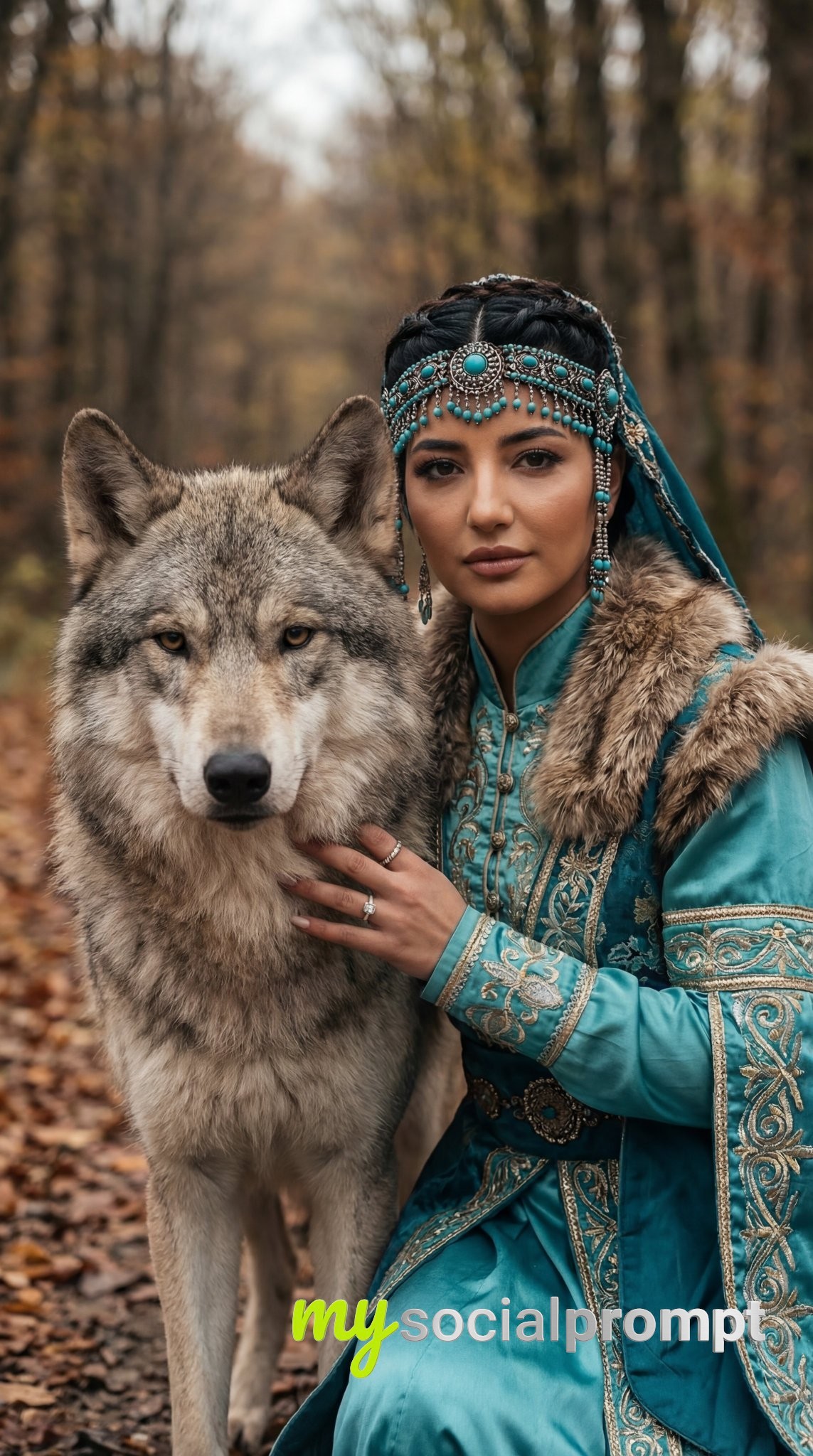 nanobanana prompt: Photoreal Turkic Woman & Wolf — Cinematic Autumn Portrait