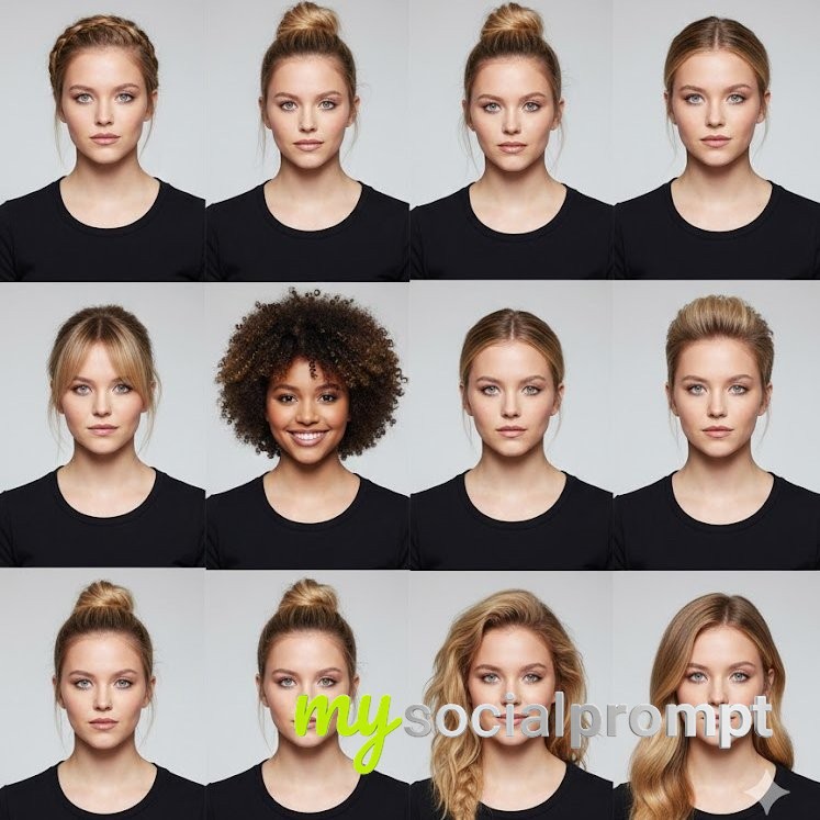 nanobanana prompt: Fashion Editorial Grid: Hairstyle Diversity Study