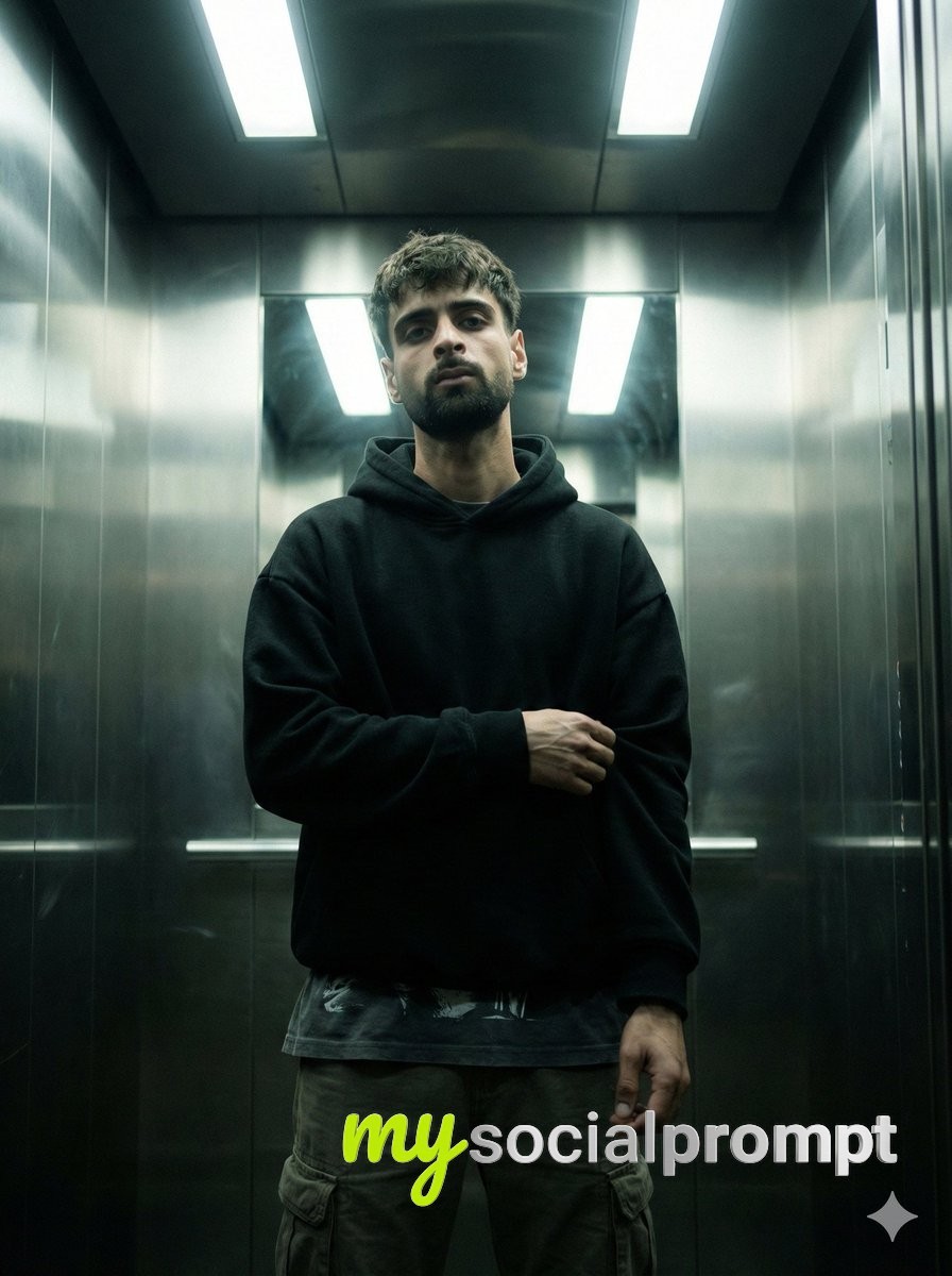 nanobanana prompt: Cinematic Urban Realism Portrait in Industrial Elevator