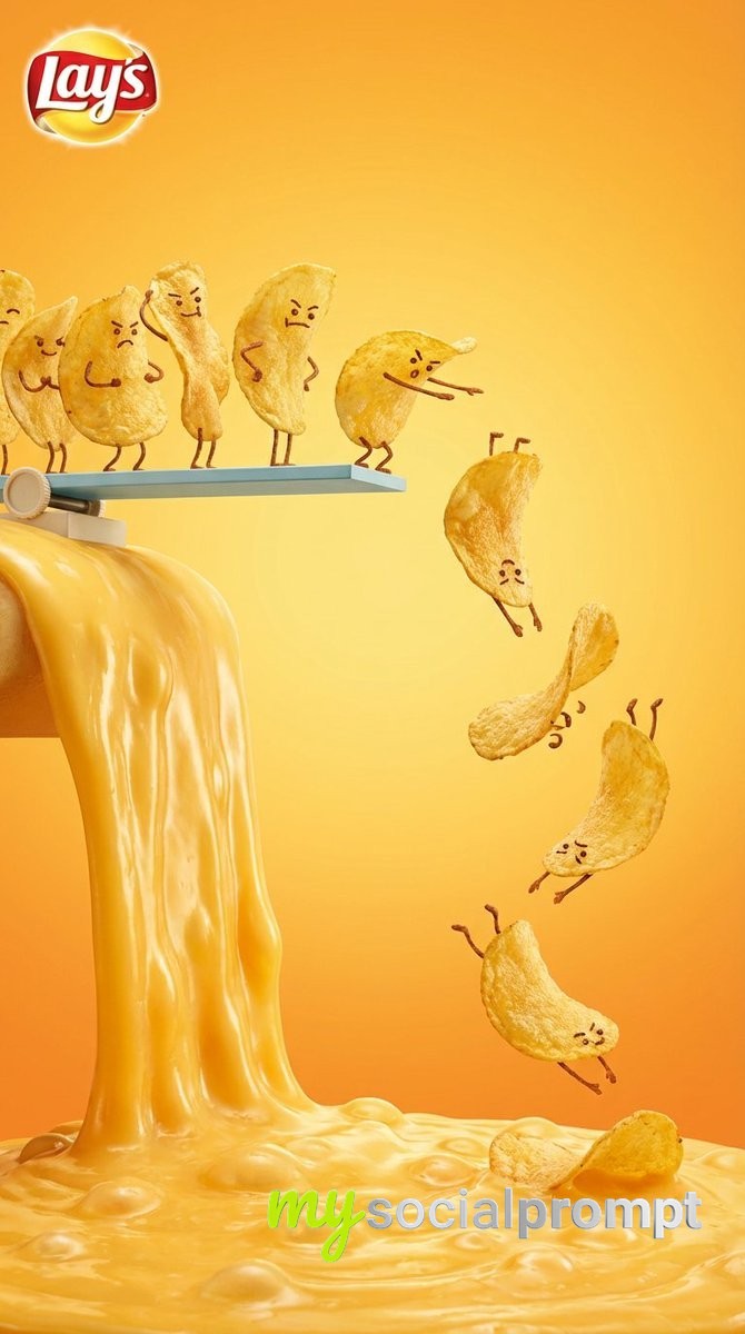 nanobanana prompt: Anthropomorphic Snack Ad with Hyper-realistic Cheese Pool