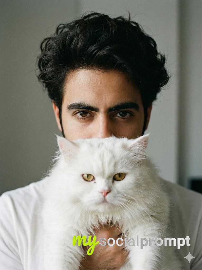 nanobanana prompt: Intimate Portrait with Persian Cat in Minimalist Composition