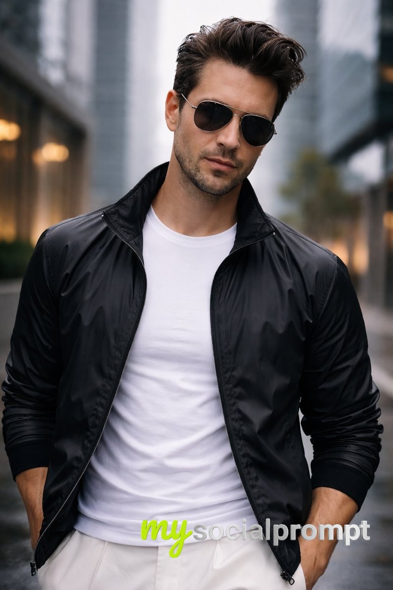 nanobanana prompt: Cinematic Fashion Editorial Portrait in Urban Cityscape