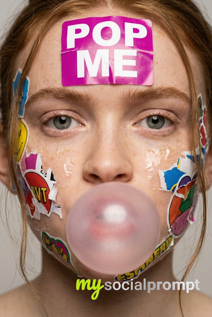 nanobanana prompt: Close-Up Portrait with Stickers and Bubblegum in Soft Studio Lighting 2