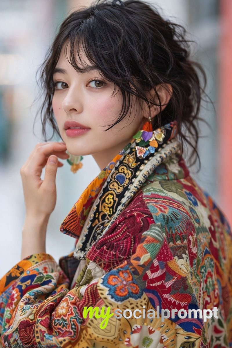 nanobanana prompt: Fashion Portrait with Patchwork Textiles & Cinematic Lighting