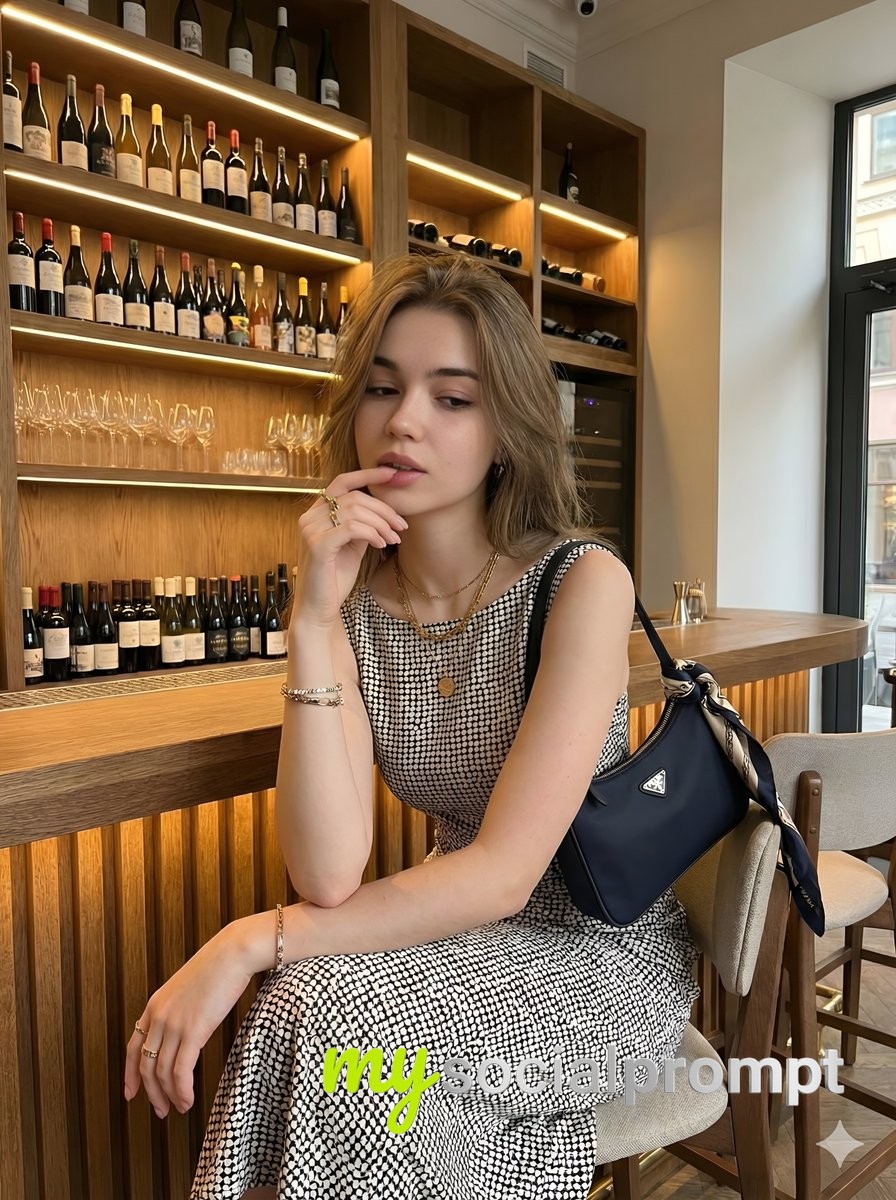 nanobanana prompt: Cinematic Wine Bar Portrait with Polka Dot Elegance