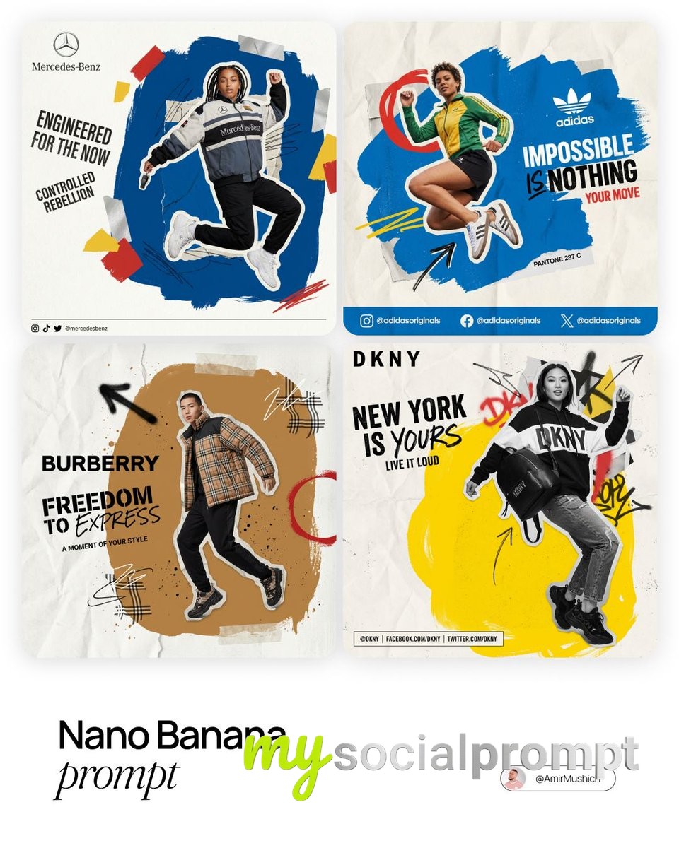 nanobanana prompt: Dynamic Digital Collage with Streetwear Fashion and Graphic Chaos