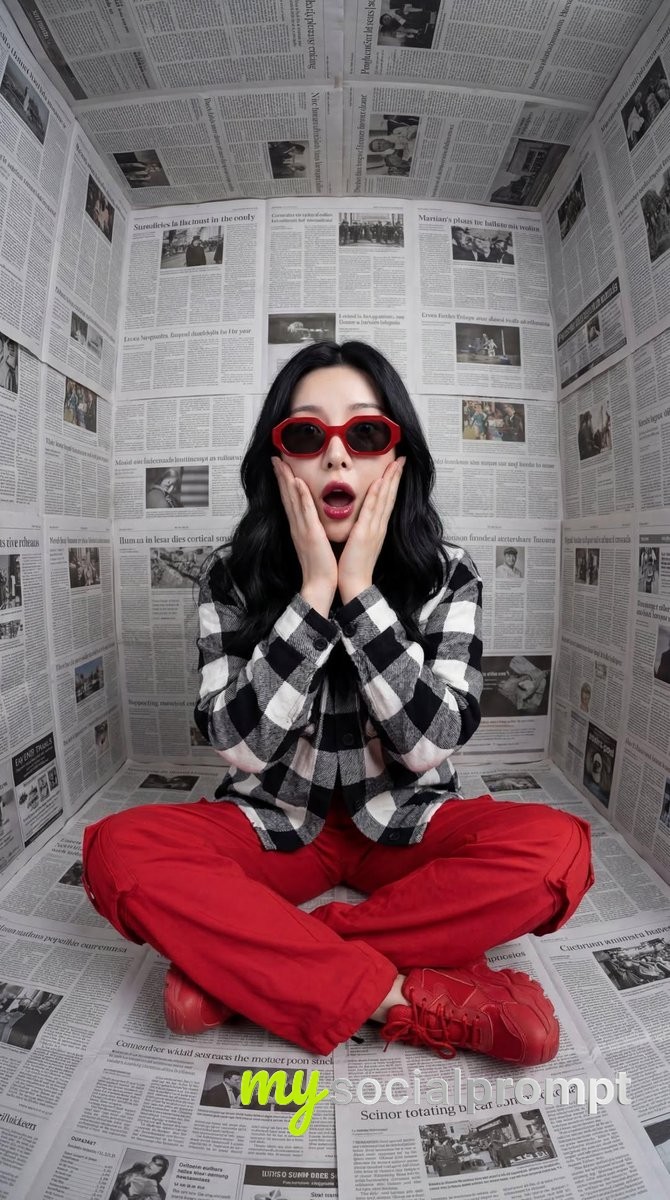 nanobanana prompt: Surreal Fashion Portrait in Newspaper Room with Bold Red Contrast