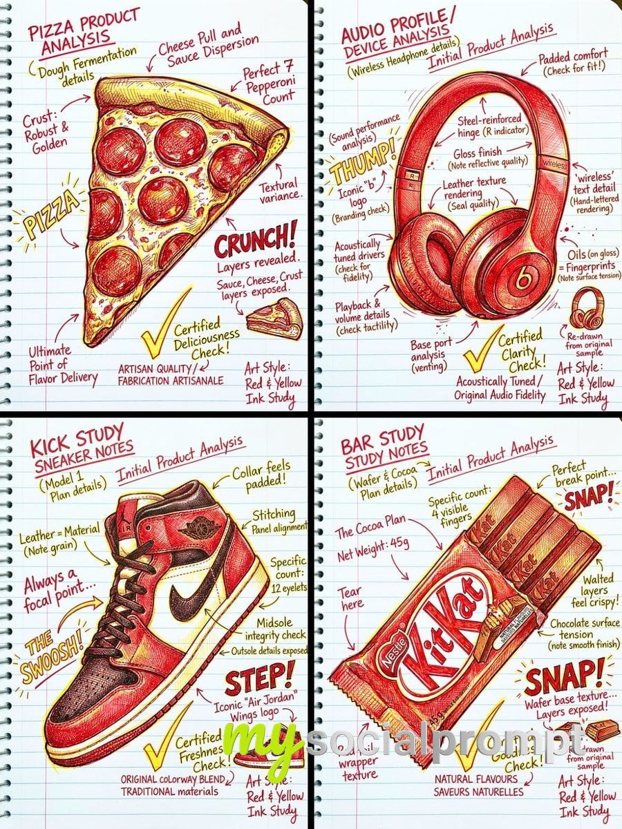 nanobanana prompt: Hand-Drawn Comic Portrait with Red and Yellow Pen on Notebook Paper