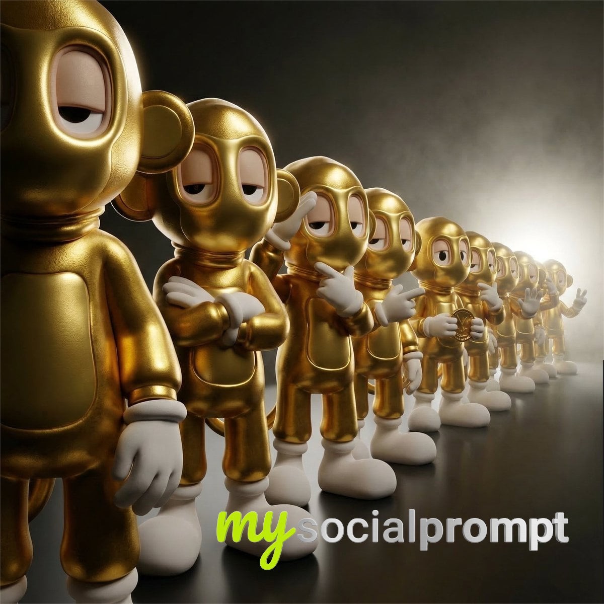 nanobanana prompt: Diagonal Procession of Identical Figures in 3D Vinyl Toy Aesthetic