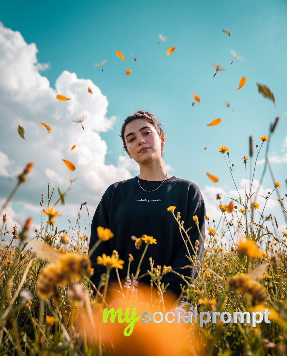 nanobanana prompt: Worm's-Eye Cinematic Portrait with Floating Petals and Wide-Angle Lens