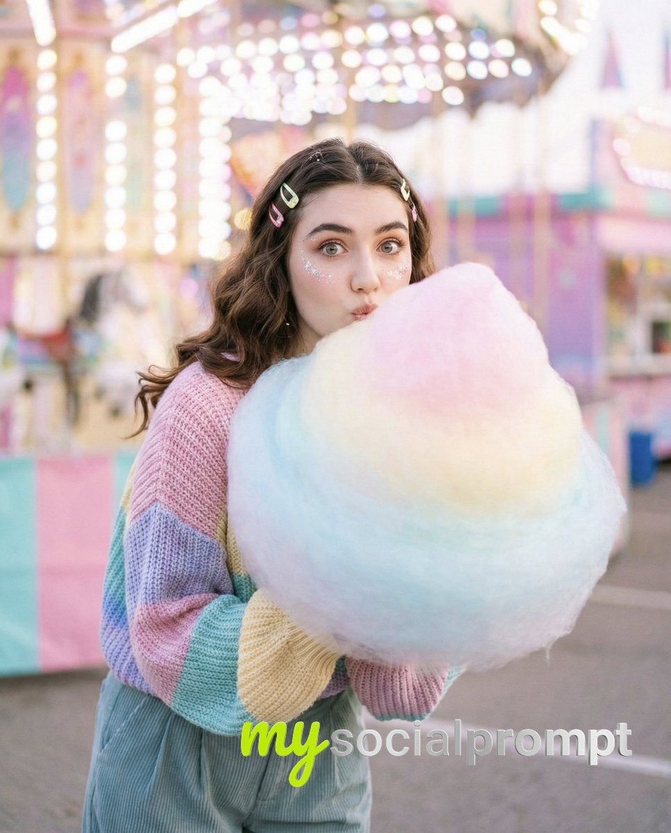 nanobanana prompt: Whimsical Fair Editorial with Pastel Cotton Candy & Soft-Focus Realism 2