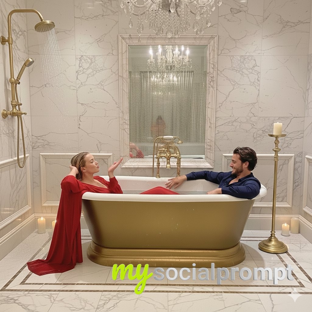 nanobanana prompt: Cinematic Luxury: Couple Bathtub in Marble Bathroom with Chandelier Lighting 3