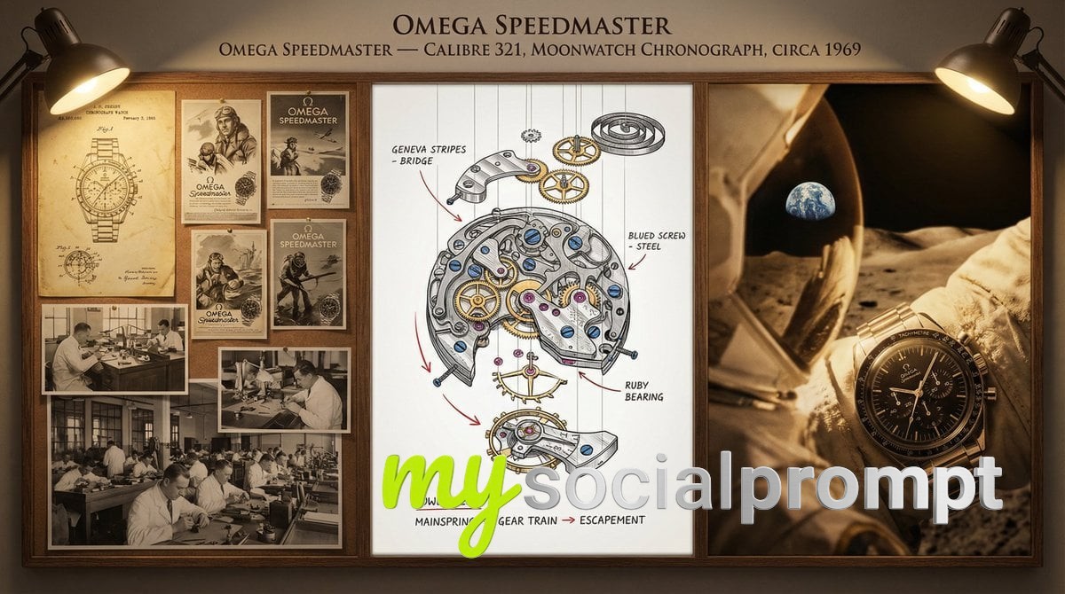 nanobanana prompt: Watchmaker Documentation Board — Sepia Patent to Chrome Precision