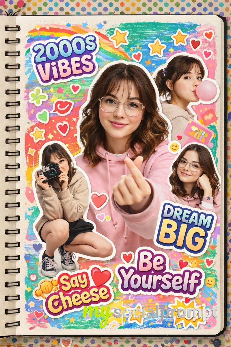 nanobanana prompt: 2000s Scrapbook Collage with Youthful Pop-Art Nostalgia