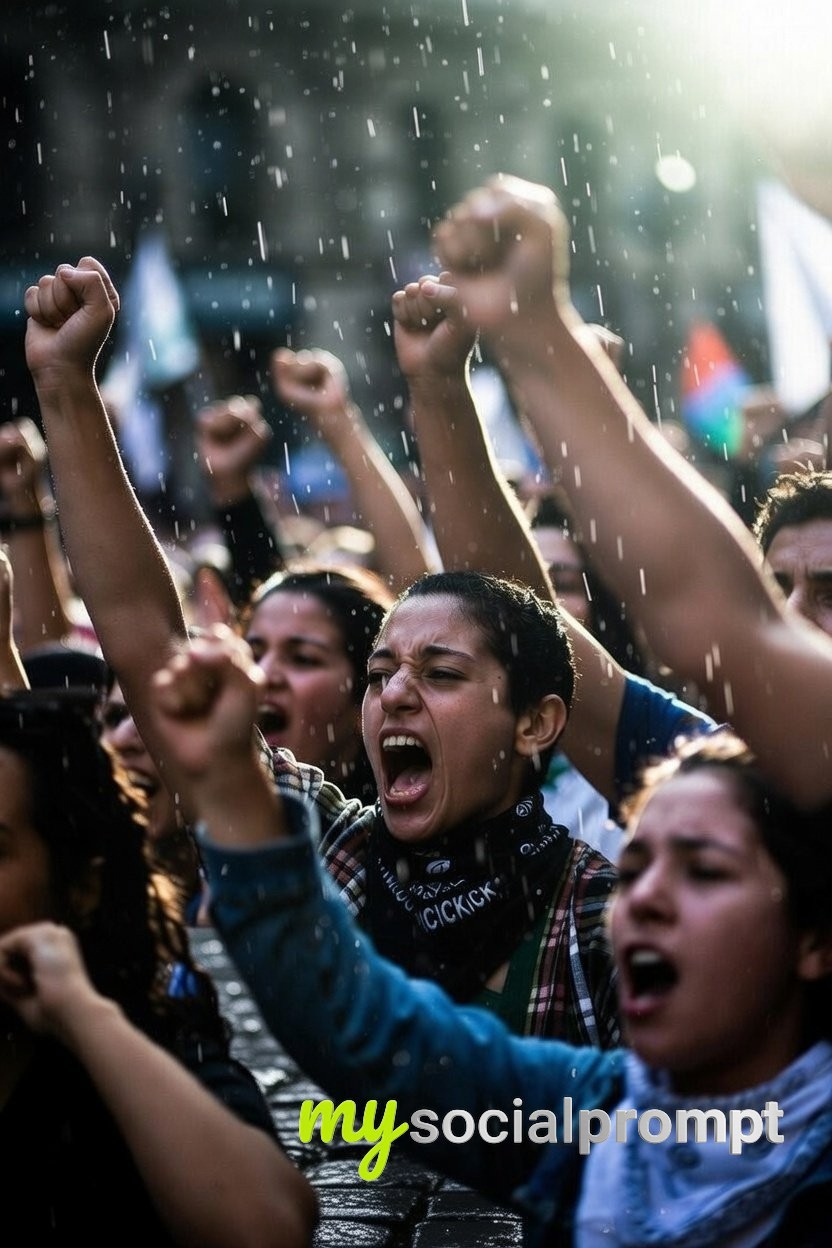 nanobanana prompt: Revolutionary Cinematic Protest Scene – Raised Fists & Dramatic Lighting 2