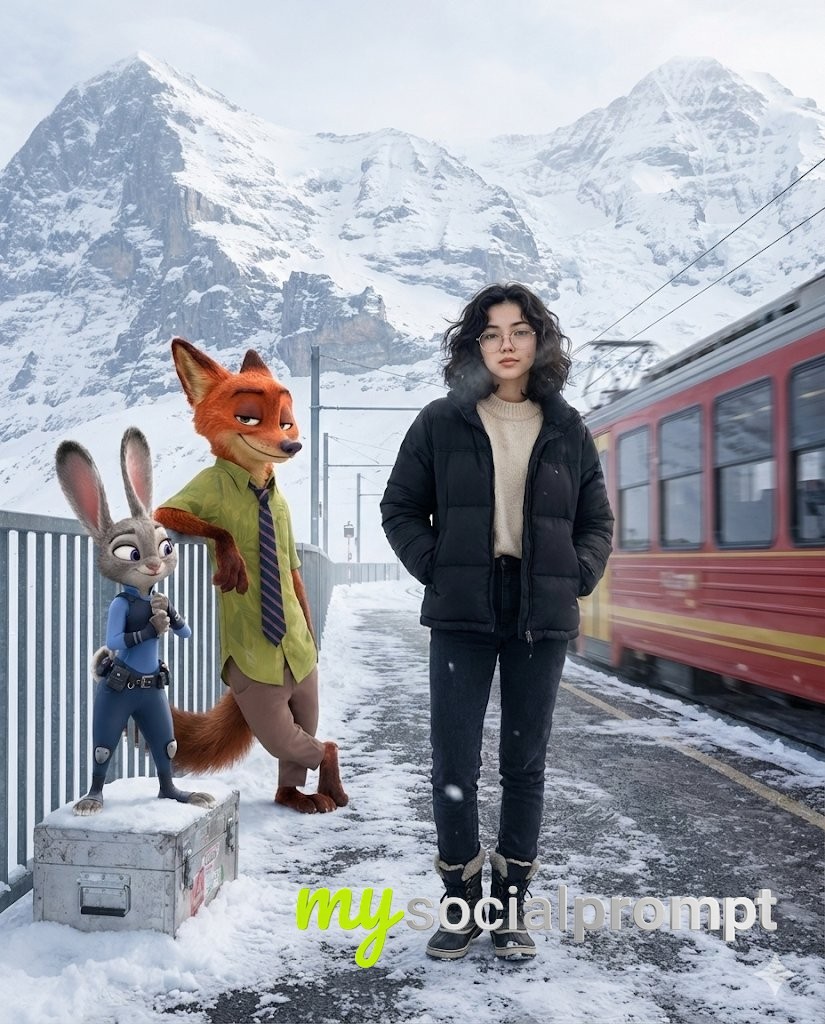 nanobanana prompt: Cinematic Alpine Winter with Animated Characters – Photorealistic Travel Scene