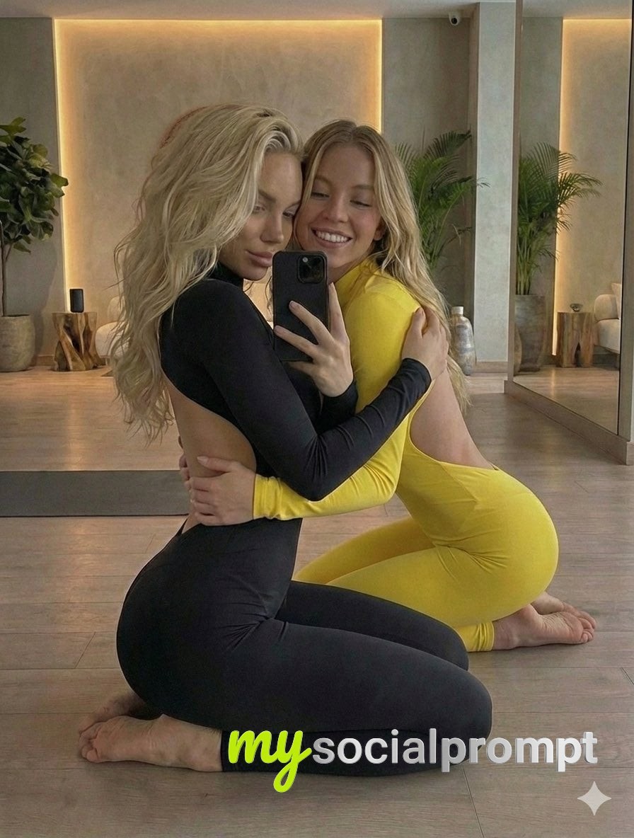 nanobanana prompt: Intimate Mirror Selfie of Sydney Sweeney with Friend in Yoga Studio