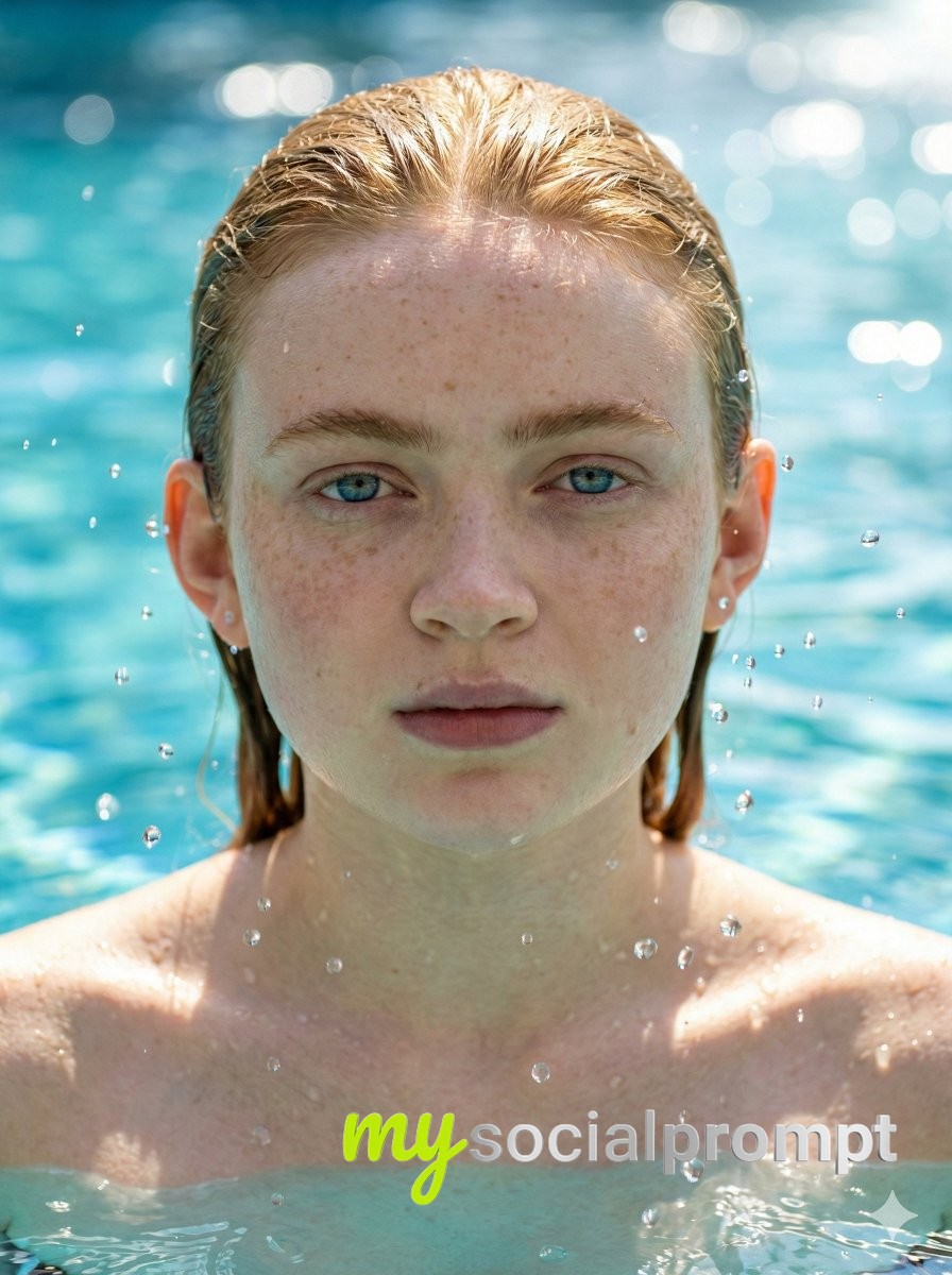 nanobanana prompt: Sydney Sweeney Hyper-realistic Water Splash Portrait with Caustic Lighting