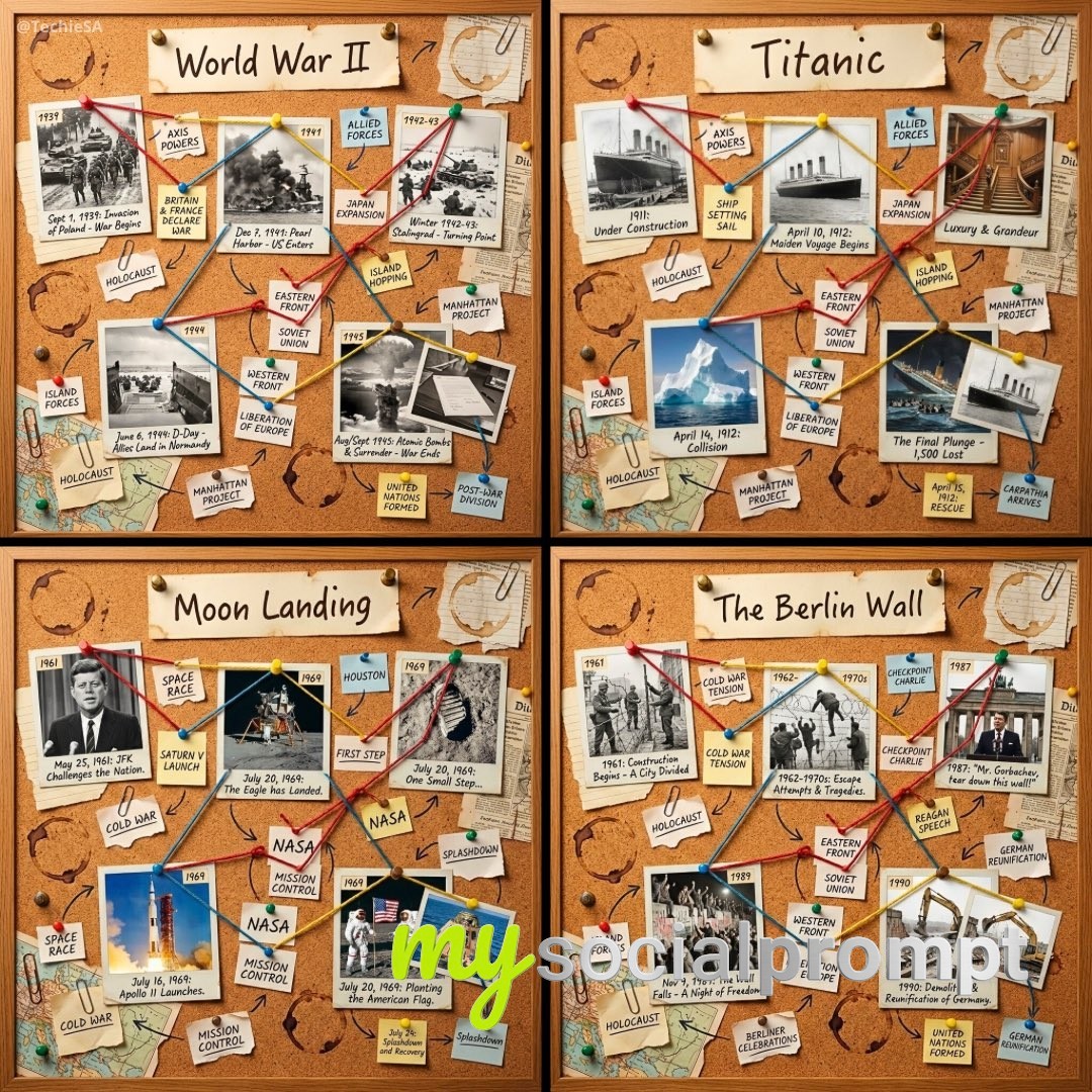 nanobanana prompt: Vintage Detective Board for Historical Narrative with Nostalgic Lighting