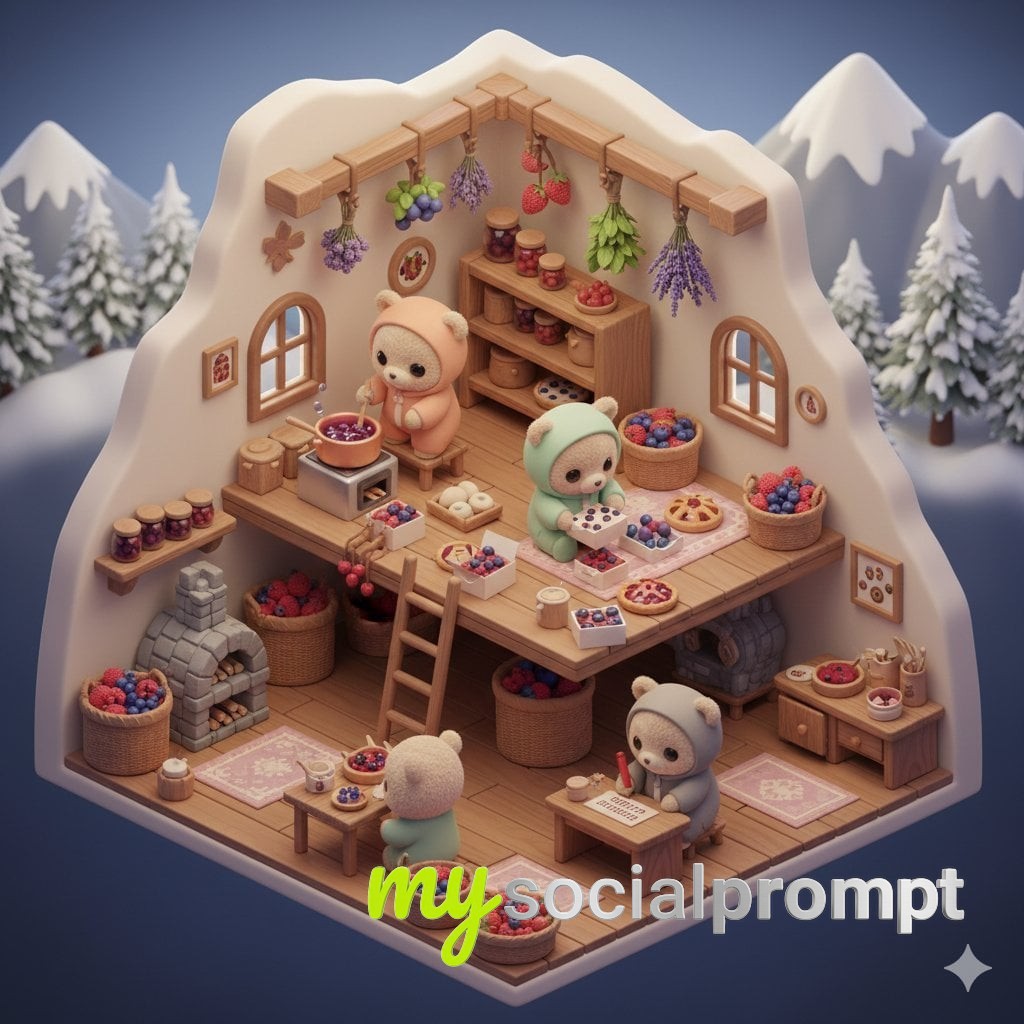nanobanana prompt: Isometric Kawaii Bear Explorers Designing a Snow Map 4