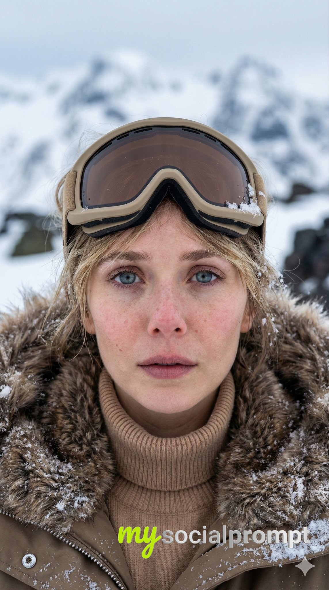 nanobanana prompt: Cinematic Alpine Portrait with Hyper-detailed Snow Effects