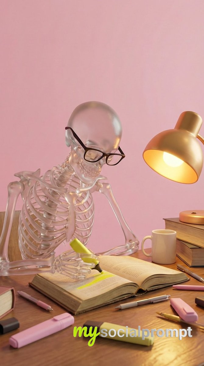 nanobanana prompt: Translucent Glass Skeleton in Warm Studious Scene with Cinematic Lighting