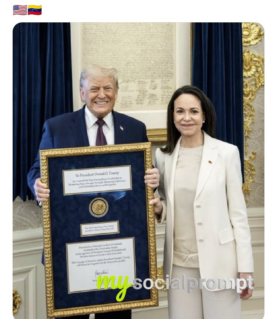 nanobanana prompt: Cinematic Photo-Realism: María Corina Machado Presents Nobel Medal to Donald Trump 3