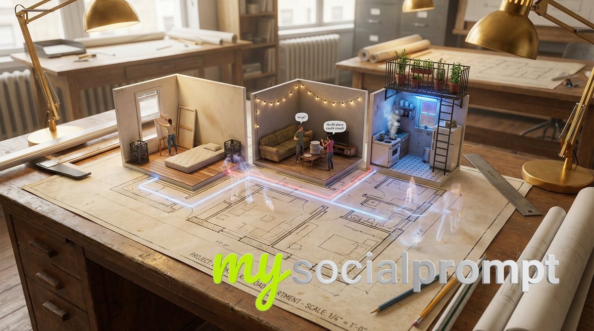 nanobanana prompt: Architectural Floor Plan with Miniature Inhabitable Spaces 3