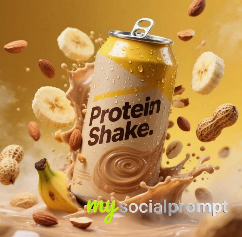 nanobanana prompt: Hyper-Realistic Protein Shake Ad with Dynamic Splash Photography