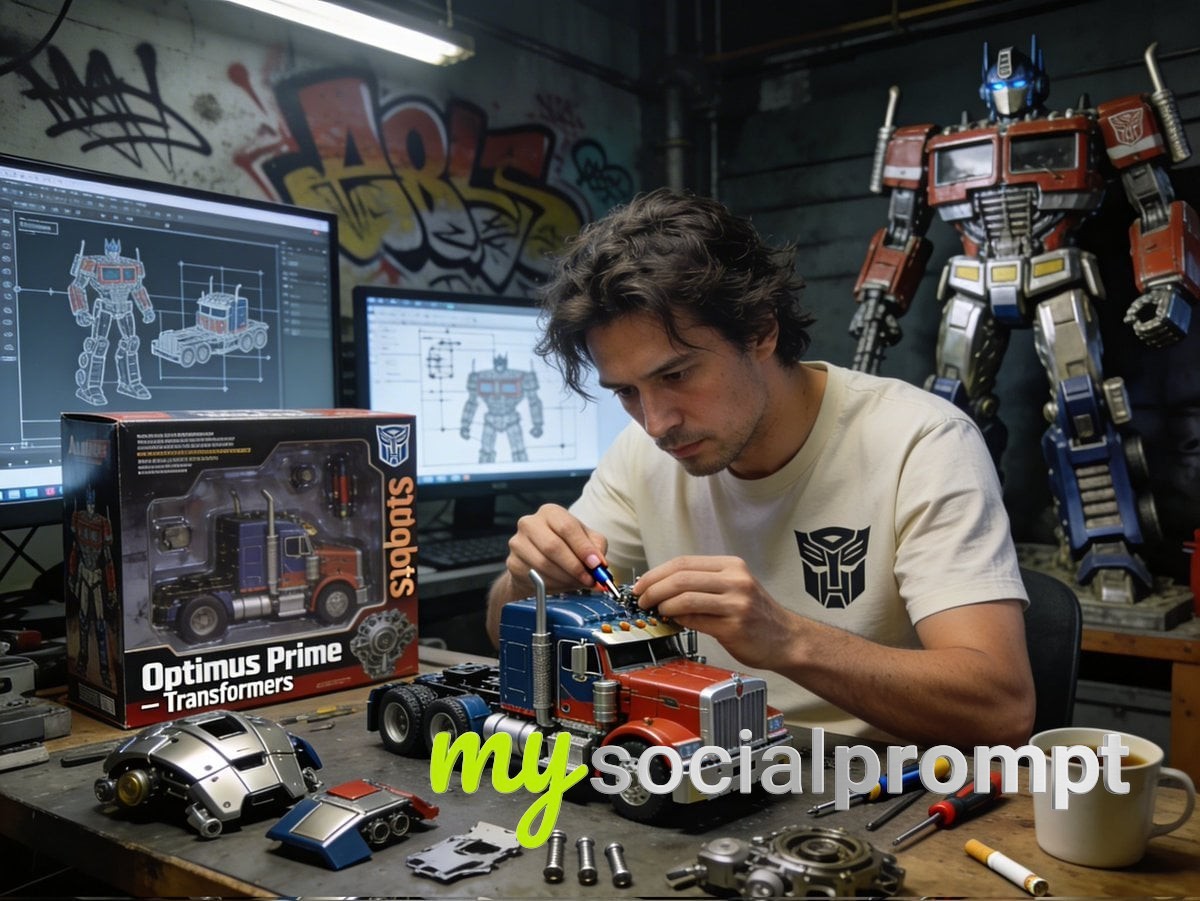 nanobanana prompt: Hyper-Realistic Optimus Prime Toy Assembly Workshop – Cinematic Portrait 2