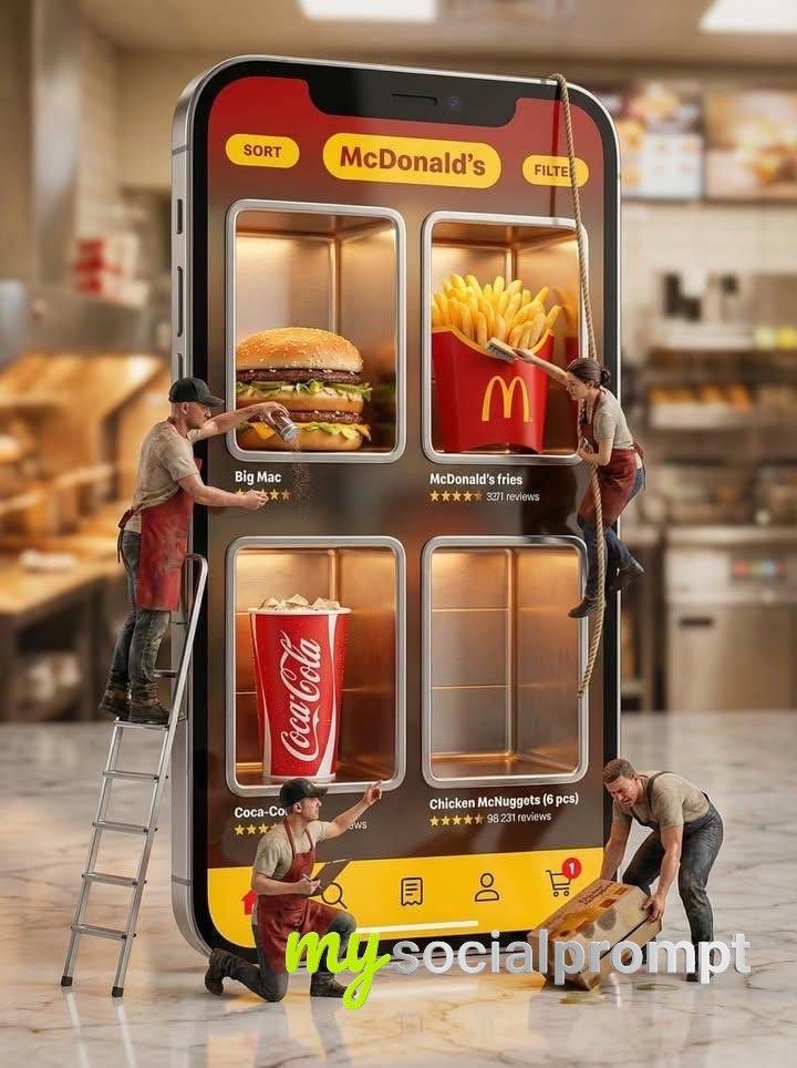nanobanana prompt: Hyper-realistic McDonald's Smartphone Vending Machine Scene