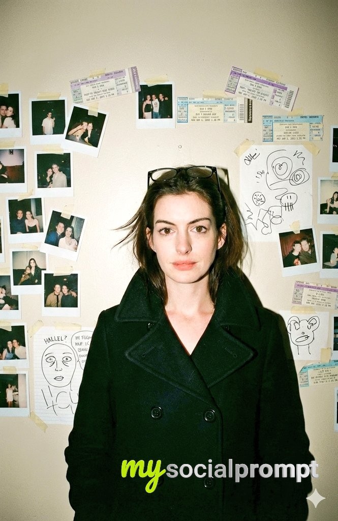 nanobanana prompt: 1990s Candid Portrait with Polaroid Wall and Flash Aesthetic 2