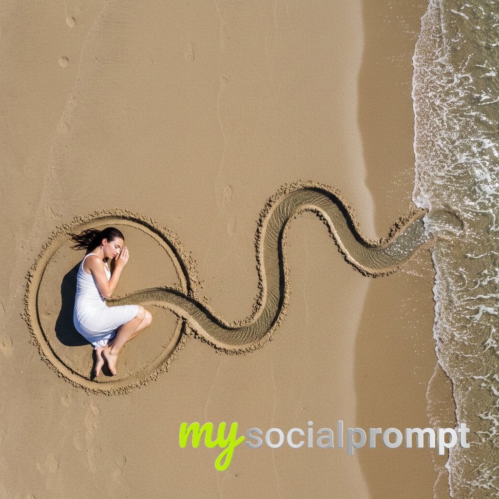nanobanana prompt: Land Art Portrait: Fetal Figure Linked to Sea by Sand Trench, Bird's Eye View