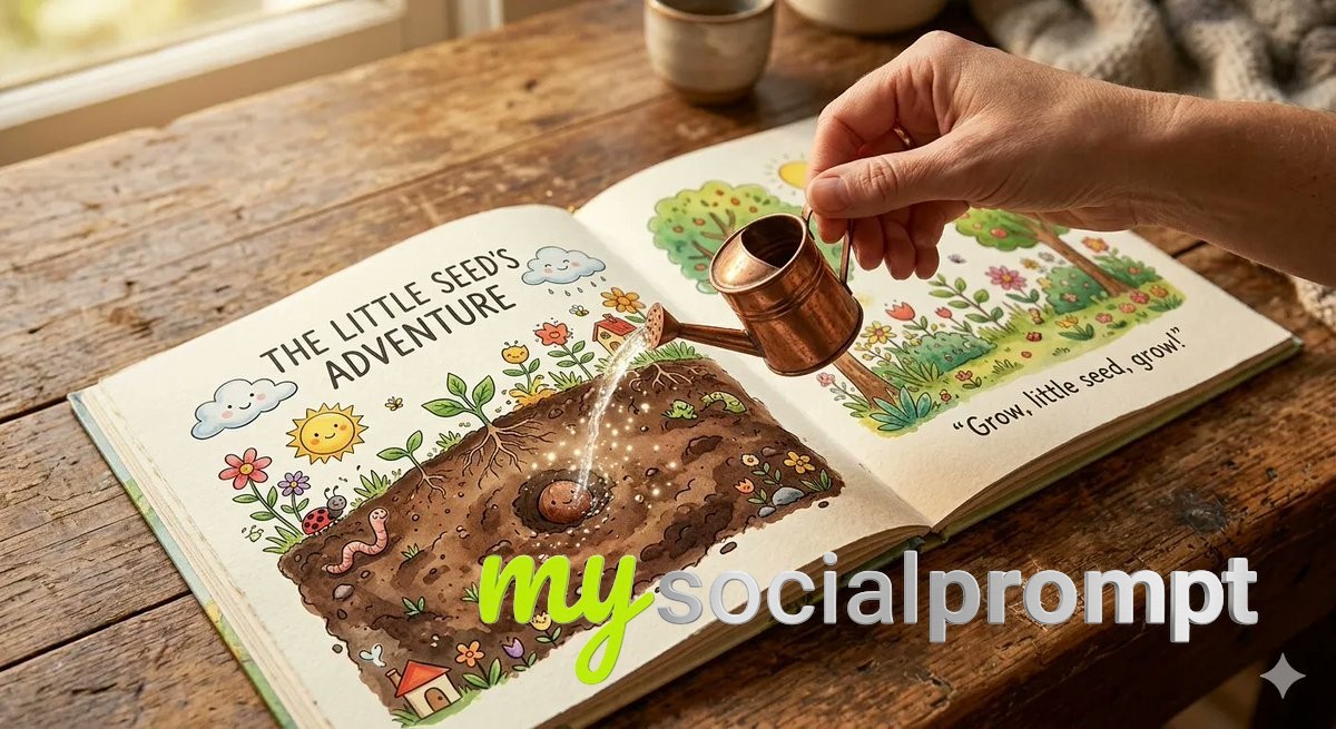 nanobanana prompt: Photorealistic Storybook Seed Illustration with Magical Lighting