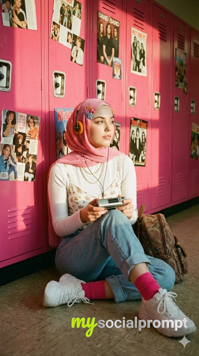 nanobanana prompt: Y2K Nostalgic Portrait: Cinematic Hijab Woman in Retro School Hallway