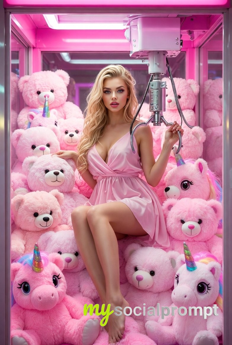 nanobanana prompt: Surreal Fashion Portrait in Kawaii Claw Machine with Cinematic Lighting 2