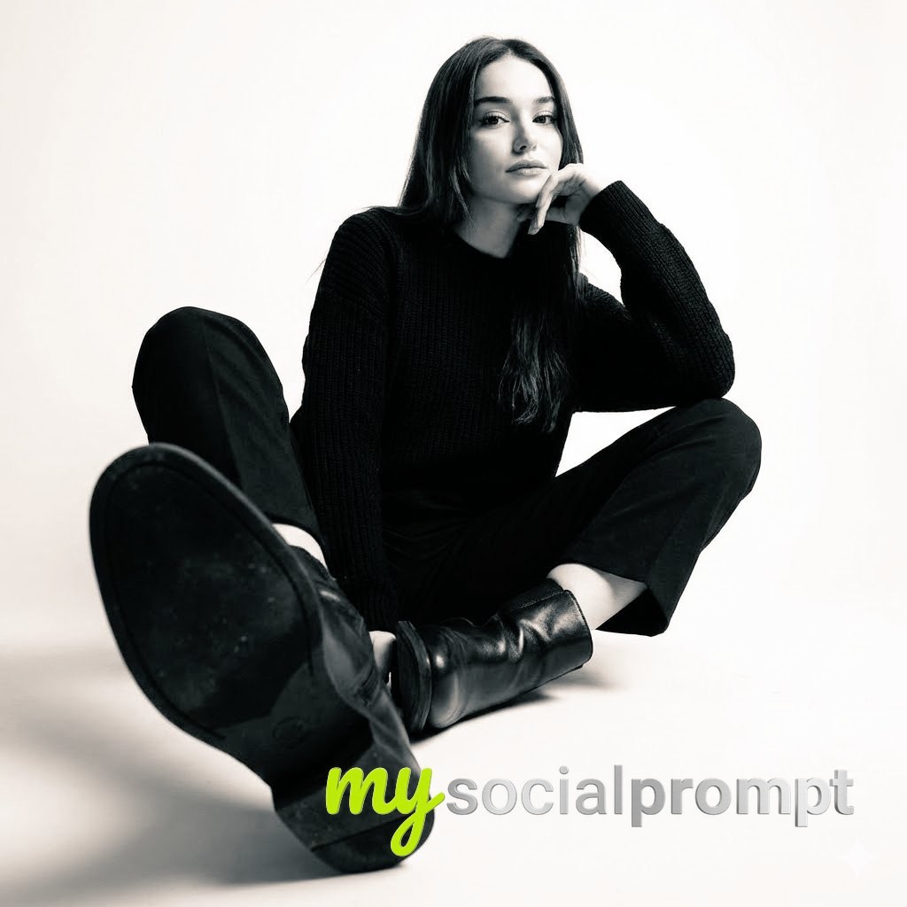nanobanana prompt: Dramatic Low-Angle B&W Studio Portrait with High Contrast