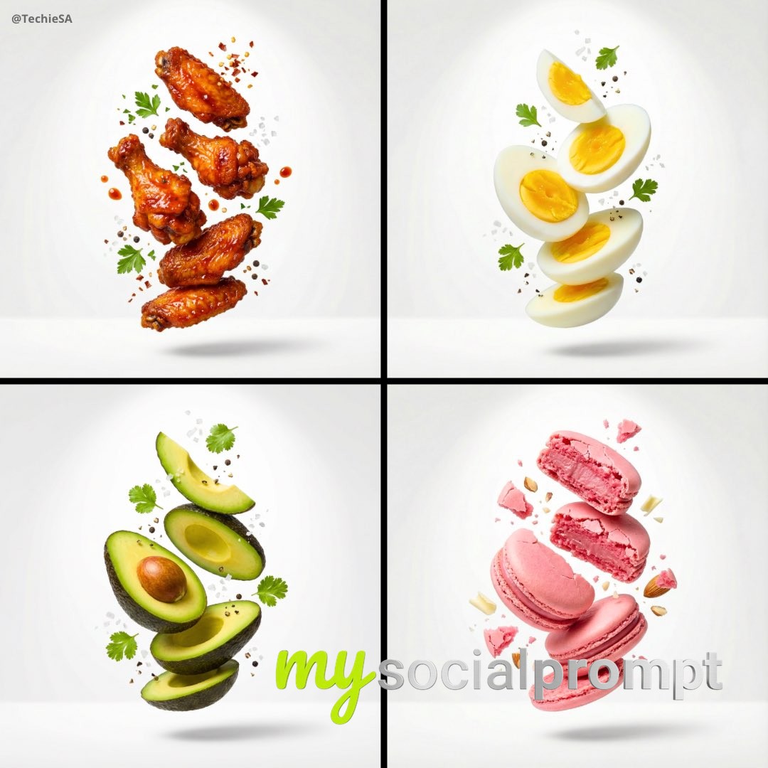 nanobanana prompt: Premium Food Advertising with Floating Stacked Composition & High Key Lighting