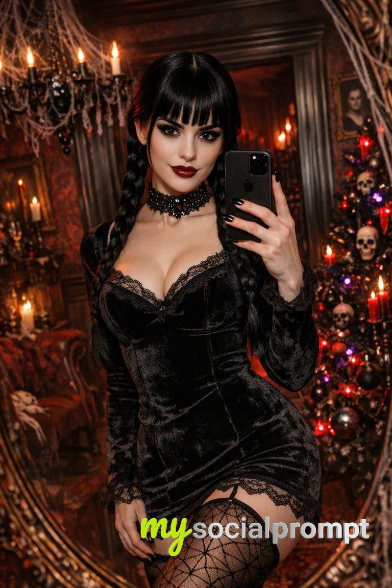 nanobanana prompt: Gothic Victorian Mirror Selfie with Dramatic Black-Crimson Lighting and Sinister Christmas Accents